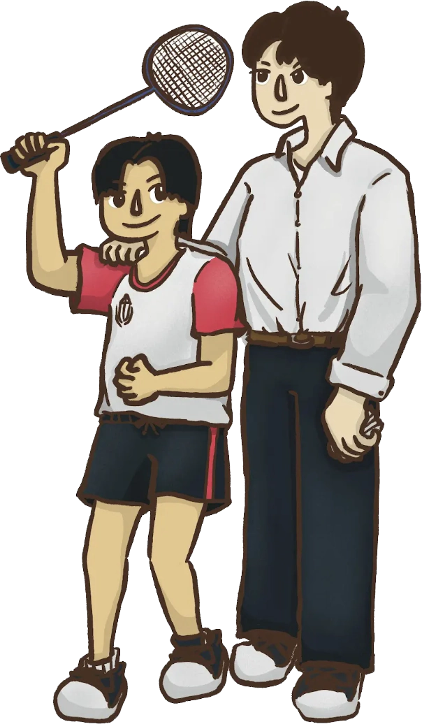 Graphic teacher and student swinging racket